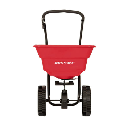 Front view of Deluxe Heavy-Duty Walk-Behind Commercial Broadcast Spreader with 80 lb capacity and 10-inch poly tires.