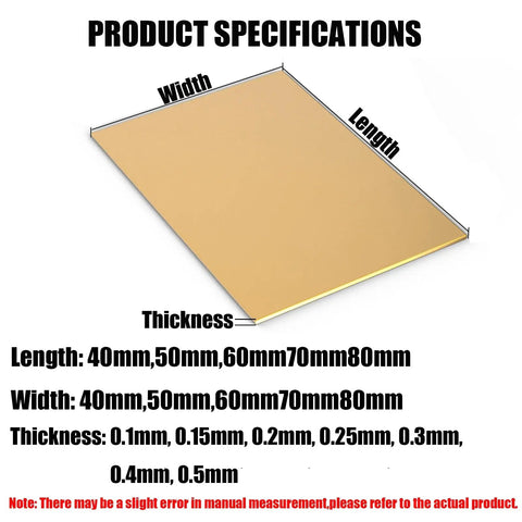 Dope Brass Sheets Set 10Pcs Thin Plates 0.1mm to 0.5mm Thick dimensions illustration
