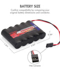 Two Pack 2000mAh NiMH RC Receiver Battery With Hitec Connector, 6V High Capacity, dimensions and connector details