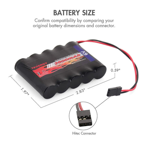 Two Pack 2000mAh NiMH RC Receiver Battery With Hitec Connector, 6V High Capacity, dimensions and connector details