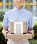 Person holding boxes with 100 Pcs White EPE Foam Packing Pouches For Shipping And Storage visible on one box