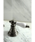 American Patriot Widespread Bathroom Faucet handle detail, black stainless finish, marble countertop view.