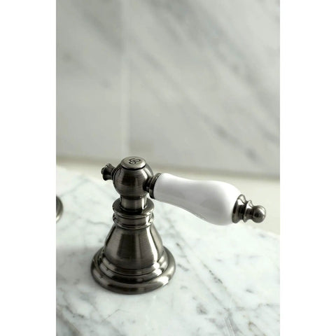 American Patriot Widespread Bathroom Faucet handle detail, black stainless finish, marble countertop view.