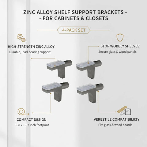 Multipurpose Zinc Alloy Shelf Supports For Glass And Wood Shelves, Ultra Durable Cabinet And Closet Mounting Hardware, 4 Pack