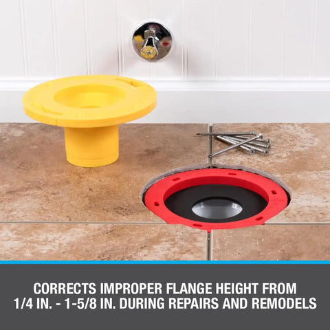 Toilet Flange Extender Kit Set Rite One Quarter To One And Five Eighths Inch Red And Yellow on tiled floor, includes screws.