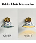 MECOLA Vintage Ceramic Shade Wall Sconce Adjustable Angle Wall Mount Light showing on and off lighting effects.