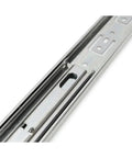 Close-up of beefy full extension drawer slide rail in cold rolled steel with ball bearing side mount, 30mm wide, smooth quiet glide.