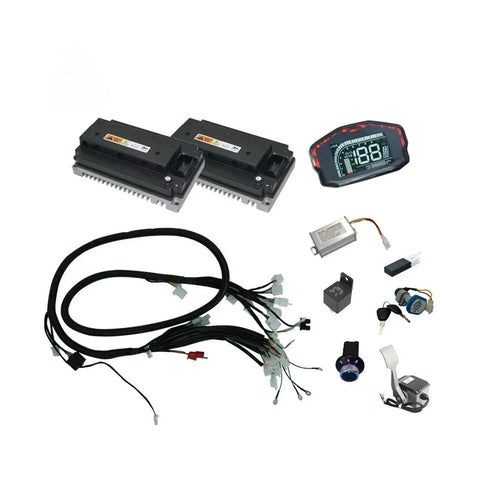 Dual Drive Wiring Harness For Four Wheel Electric Vehicles With Beast Grade Bend Resistant Cables Precision Fit Terminals And No Sweat Plug Up For Solid Hookups includes controllers and connectors.