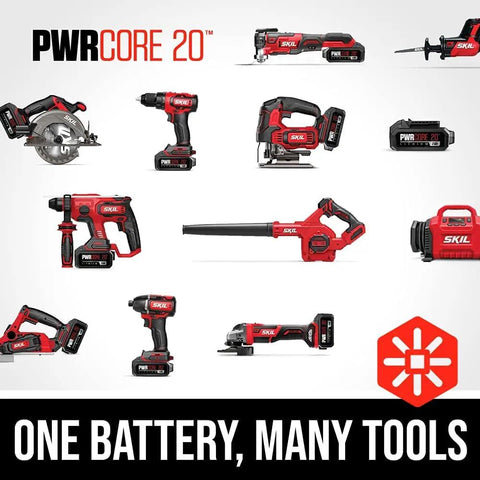 Heavy Duty Brushless Cordless Circular Saw Kit With 7-1/4 In Rear Handle Blade Delivering Badass Cutting Power Up To 600 Cuts Per Charge Paired With A Quick Jobsite Blower For Demanding DIY And Pro Construction Projects displayed with various SKIL tools.