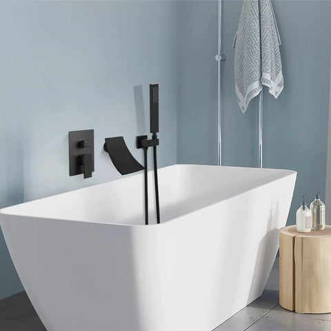 Waterfall Bathtub Faucet Wall Mounted Tub Filler With Handheld Shower Spout One Handle Shower Kit Matte Black Finish