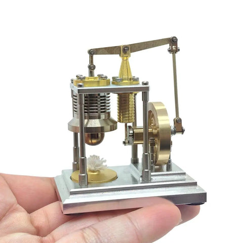 Gamma Type Vertical Stirling Engine Model With Dope High Precision Metal Build And True Heat Driven Motion For Education And STEM Enthusiasts A Creative Gift For Engineers And Collectors, brass and aluminum desktop model held in hand