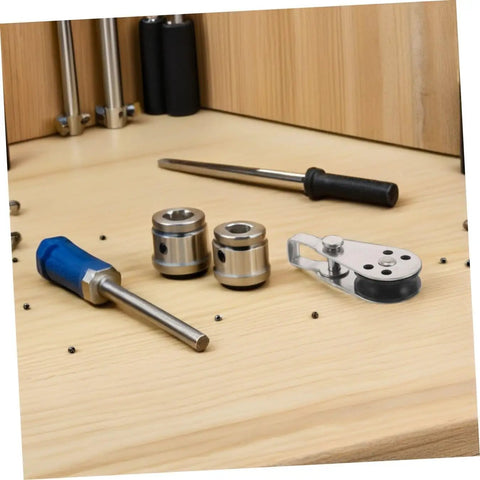 Workbench with tools and one Stainless Steel Roller Wheel Pulleys Set 4 Pack Pro Grade Beefed Up Heavy Duty Cable Pulleys For Kayak Anchor Trolley Marine Rigging Rope Bearing System Boat Sailing Hardware.