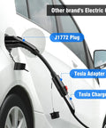 Hella Durable Tesla Nacs To J One Seven Two Adapter Sixty Amp Electric Vehicle Charging Plug Convertor attached to an electric car.