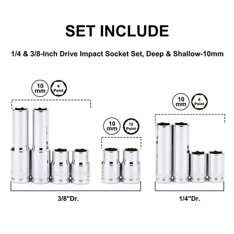 Impact Socket Set With One Quarter Inch And Three Eighths Inch Drives, Deep And Shallow Sockets, 10mm Metric, Mirror Chrome Finish, 6 Point And 12 Point Design, Laser Etched And Roll Stamped For Easy Identification