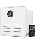 Trail Tough Tankless Camper Water Heater Cranks Out Instant Hot Water With Trusty 12V Propane Ignition For Stress Free Rv Showers And Chill Camping Sessions, white housing with digital control panel.
