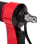 Close-up of oil free pneumatic staple gun connection detail, red handle, for wood upholstery carpet and wire fencing, heavy duty pro grade tool.