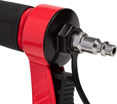 Close-up of oil free pneumatic staple gun connection detail, red handle, for wood upholstery carpet and wire fencing, heavy duty pro grade tool.