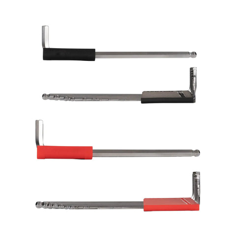Four chrome ball end hex keys with no-slip grip holders in various colors, part of 28 piece inch and metric Allen wrenches set.