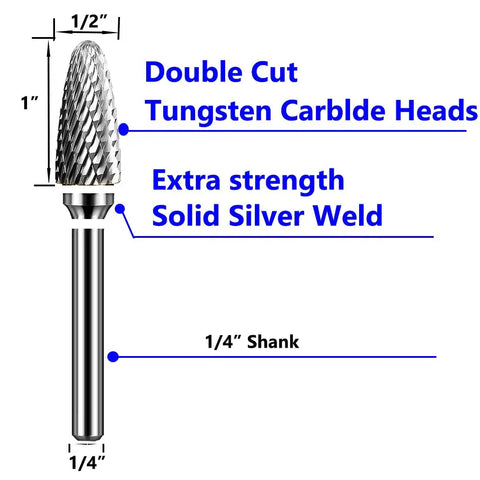 SF-5 Tungsten Carbide Burr Set Double Cut Rotary Burrs Tree Shape Radius End For Die Grinder diagram with measurements.