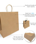 Kraft Paper Bags With Handles 250 Count Heavyweight 13x7x13 Inches showcasing eco-friendly features, flat bottom, and DIY potential.