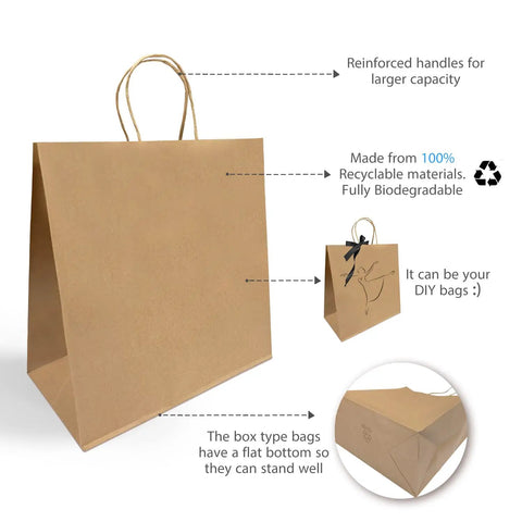 Kraft Paper Bags With Handles 250 Count Heavyweight 13x7x13 Inches showcasing eco-friendly features, flat bottom, and DIY potential.