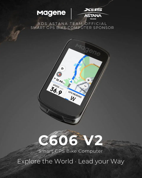 C606 V2 smart GPS bike computer displaying route map and data, showcased as XDS Astana team official sponsor.