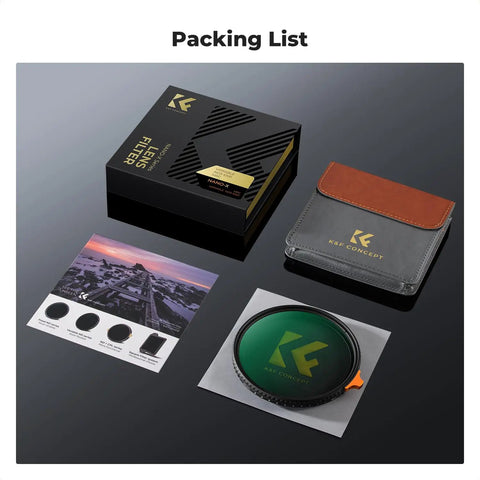 Packing list with 55mm Variable ND Filter ND3-ND1000 1.5-10 Stops For Cameras, box, case, and manual