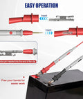 Pro Multimeter Test Leads Set With Ultra Sharp Gold Plated Probes Forty Point Five Inch Length Silicone Meter Leads 1000V 20A Includes Heavy Duty Alligator Clips For Hands Free Testing Versatile Volt Meter Leads For DMMs And Auto Diagnostics shown with easy operation instructions.