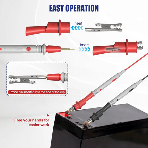 Pro Multimeter Test Leads Set With Ultra Sharp Gold Plated Probes Forty Point Five Inch Length Silicone Meter Leads 1000V 20A Includes Heavy Duty Alligator Clips For Hands Free Testing Versatile Volt Meter Leads For DMMs And Auto Diagnostics shown with easy operation instructions.