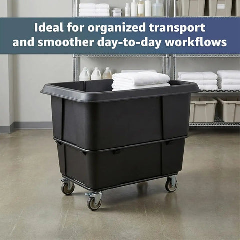 Real Deal 20 Cubic Foot Heavy Duty Trash Cube Truck With 1200 Pound Capacity, Black Rolling Laundry Cart in storage area.