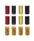 Top Shelf 30 Pack Natural Cork Wine Bottle Stoppers With 40 PVC Heat Shrink Caps In Four Bold Shades including red, black, gold, and embossed corks.