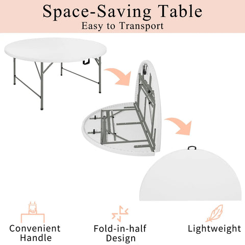 5 Ft Round Folding Table With Carrying Handle, Heavy Duty Portable Plastic Top, Sturdy Steel Legs, Fold-in-half Design