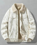 Casual Corduroy Jacket With Cozy Fleece Lining Full Zip Closure, Relaxed Fit Men’s Outerwear in marble pattern, flat lay front view.