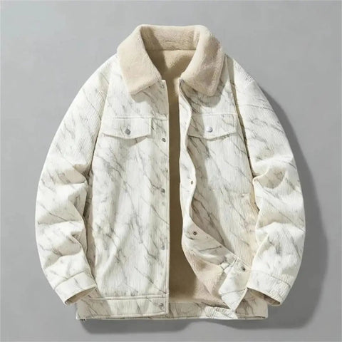 Casual Corduroy Jacket With Cozy Fleece Lining Full Zip Closure, Relaxed Fit Men’s Outerwear in marble pattern, flat lay front view.