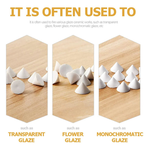 White ceramic kiln nails; 50-piece set of cone-shaped, high-temperature refractory supports.