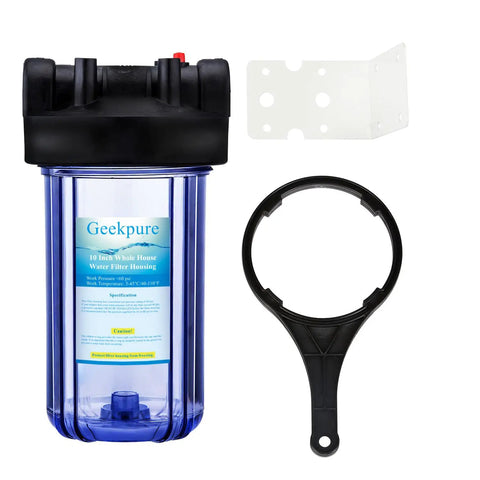 Clear 10 Inch Whole House Water Filter Housing With Three Quarter Inch NPT Inlet Outlet See Through 4.5 X 10 Inch Housing Includes Wrench And Mounting Bracket For No Fuss Filter Changes And Smooth High Flow Performance