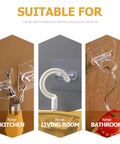 Heavy Duty Adhesive Wall Hooks 30 Pack Straight Up No Drill Setup For Bathroom Kitchen Storage Waterproof Plastic Home Organization Clips displayed for kitchen, living room, and bathroom use.