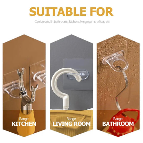 Heavy Duty Adhesive Wall Hooks 30 Pack Straight Up No Drill Setup For Bathroom Kitchen Storage Waterproof Plastic Home Organization Clips displayed for kitchen, living room, and bathroom use.
