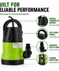 Heavy Duty Submersible Sump Pump Crafted For Rapid Pool Draining And Quick Flood Pickup Half Horsepower Engine showing thermoplastic housing and handle.