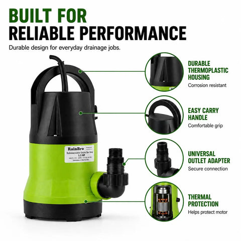 Heavy Duty Submersible Sump Pump Crafted For Rapid Pool Draining And Quick Flood Pickup Half Horsepower Engine showing thermoplastic housing and handle.