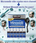 6 Pack Minoxidil For Guys Hair Growth Treatment With Extra Strength Five Percent Liquid Solution Six Month Supply Includes Dropper Applicator And Microneedle Roller For Easy Daily Scalp Application shown with bottles and roller
