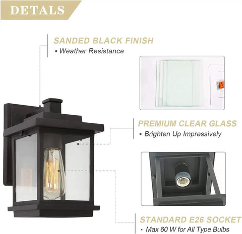 Rectangular Outdoor Porch Light With Clear Glass, Dope Farmhouse Style Weatherproof Exterior Wall Lantern In Matte Black details