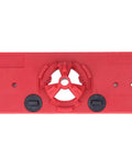 Pro 35mm Hinge Hole Saw Jig Set With ABS Cabinet Locator for Door Installers, showing a red plastic base with measurement markers.