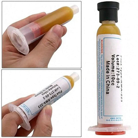 Pro Grade Solder Paste Flux Grease RMA223 10cc tube held in hand for precise rework and repairs