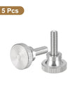 M5x16mm Knurled Thumb Screws, 5 Pack, 304 Stainless Steel, Flat Knurled Head shown in front and side view