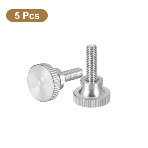 M5x16mm Knurled Thumb Screws, 5 Pack, 304 Stainless Steel, Flat Knurled Head shown in front and side view