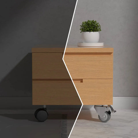2 Inch Swivel Plate Casters With Brake Set Of 4 Heavy Duty Beefy Zinc Plated Steel Housings on wooden cabinet with plant
