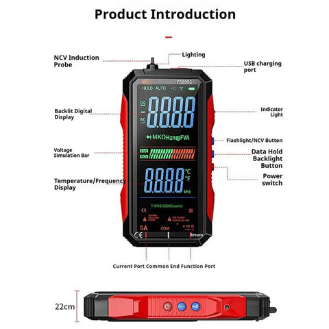 USB Rechargeable Digital Multimeter With Auto Display showing labeled features for electrical troubleshooting.