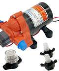 12V DC Fresh Water Diaphragm Pump For RVs And Boats On Demand Self Priming 4.0 GPM At 50 PSI Workhorse Water Pump pictured with attachments