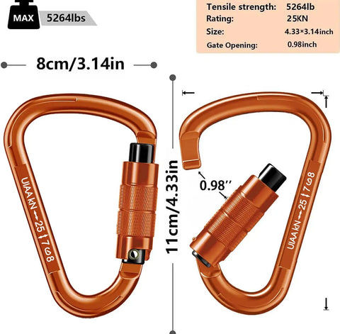 Locking Carabiner 25kN UIAA Certified Beefy Heavy Duty Climbing Carabiner with dimensions and specifications displayed